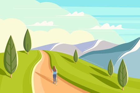 Beautiful woman is walking along a mountain ridge. Flat style summer landscape. Concept image of man and nature. Vector illustrationのイラスト素材