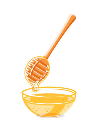 Glass capacity and spoon with drops of honey isolated on white background. Design element for honey concept. Vector illustrationのイラスト素材