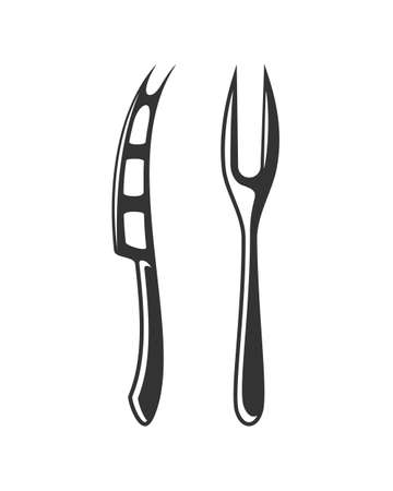 Cheese knife and fork. Cutlery for cheese products isolated on white background. Design elements. Vector illustrationのイラスト素材