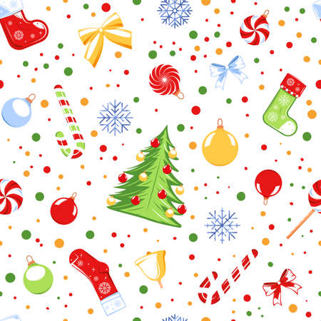 Seamless pattern with a christmas theme isolated on a white background. Cartoon style. Vector...