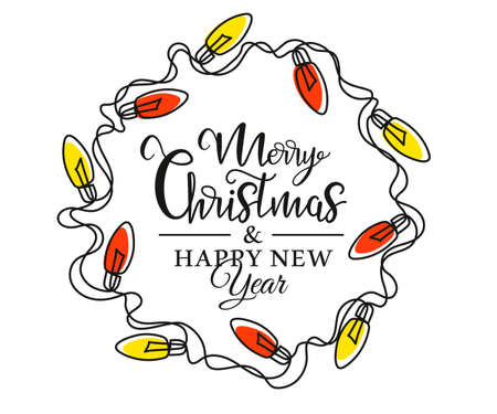 Continuous one line drawing of Christmas garland. Christmas light in the shape of a circle isolated on white background. Vector illustrationのイラスト素材