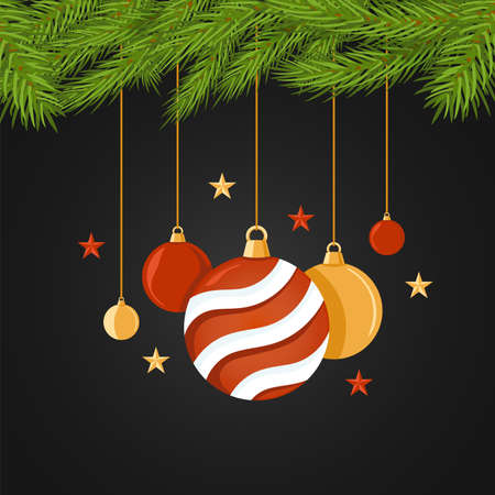 Christmas vector banner with a strip of fir branches decorated with stars and balls on a black backgroundのイラスト素材