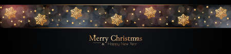 Christmas banner with gold glitter snowflakes and magic bokeh. Vector illustrationのイラスト素材