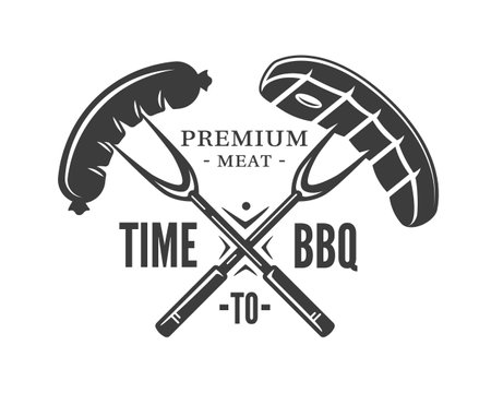 Barbecue logo with steak and sausage on forks isolated on white background. bbq concept. vector illustrationのイラスト素材