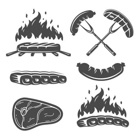 Barbeque Grill Steak Fork Sausage Ribs Fire isolated on white background. BBQ concept. Barbecue Grill Icon Set. vector illustrationsのイラスト素材