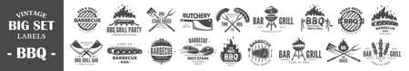 Big collections Vintage Barbecue Grill Labels isolated on white background. Set of BBQ Logo Templates for design. vector illustrationsのイラスト素材