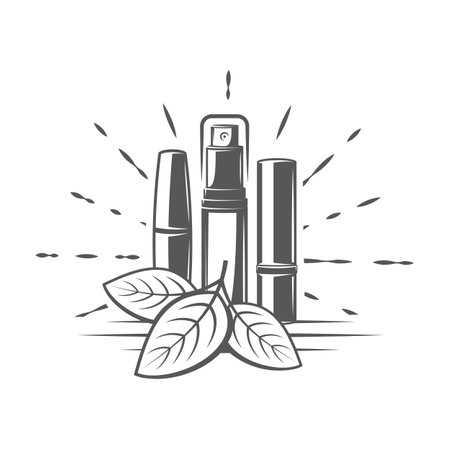 cosmetic accessories. Mascara, lipstick, perfume and leaves isolated on white background. vector illustrationのイラスト素材