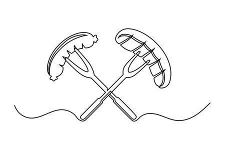 Continuous line drawing bbq sausage and steak isolated on white background. bbq concept. vector illustrationのイラスト素材