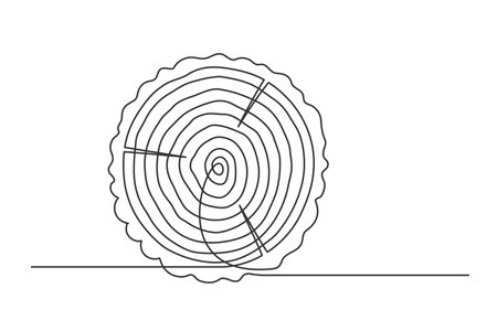 Continuous one line cross section of the tree. Vintage wood isolated on a white background. Carpentry concept. vector illustrationのイラスト素材