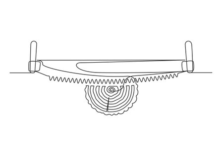 Continuous one line hand saw and wood cut. Vintage hand saw and wood cut isolated on a white background. Carpentry concept. vector illustrationのイラスト素材