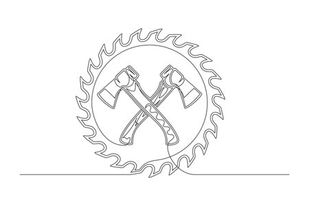 Continuous one line circular blade and axes. Vintage circular blade and axes. isolated on a white background. Carpentry concept. vector illustrationのイラスト素材