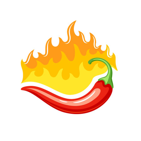 Red chili pepper with fire in cartoon style isolated on white background. Hot chili pepper cooking food. vector illustrationのイラスト素材