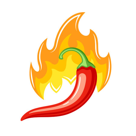 Red chili pepper with fire in cartoon style isolated on white background. Hot chili pepper cooking food. vector illustrationのイラスト素材