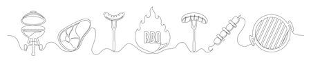 Set of continuous one line BBQ grill elements. Vintage BBQ grill elements isolated on a white background. vector illustrationのイラスト素材