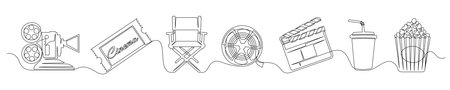 Set of continuous one line cinema elements. Vintage cinema elements isolated on a white background. vector illustrationのイラスト素材