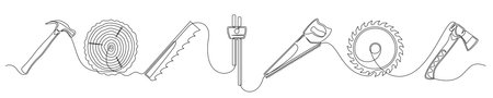 Set of continuous one line carpentry elements. Vintage carpentry elements isolated on a white background. vector illustrationのイラスト素材