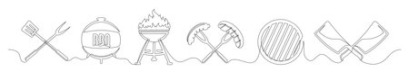 Set of continuous one line BBQ grill elements. Vintage BBQ grill elements isolated on a white background. vector illustrationのイラスト素材