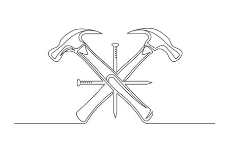 Continuous one line hammers and nails. Vintage hammers and nails isolated on a white background. Carpentry concept. vector illustrationのイラスト素材