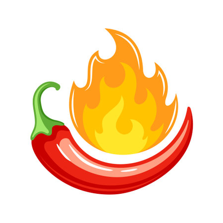 Red chili pepper with fire in cartoon style isolated on white background. Hot chili pepper cooking food. vector illustrationのイラスト素材