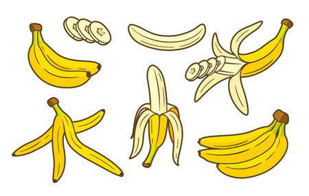 Set of yellow bananas isolated on white background. cartoon style. vector illustrationのイラスト素材