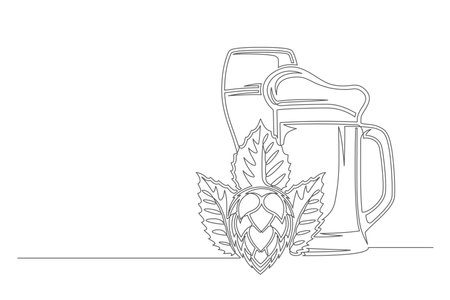 Continuous one line beer glass and mug with spikelet. Vintage beer glass and mug with spikelet isolated on a white background. Beer brewer concept. vector illustrationのイラスト素材