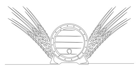 Continuous one line barrel keg with spikelet. Vintage barrel keg with spikelet isolated on a white background. Beer brewer concept. Vector illustrationのイラスト素材