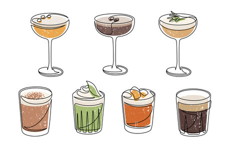 Outline drawing of alcoholic cocktail drinks isolated on white background. Espresso martini, negroni, thai basil, elderflower rosemary, bourbon sour, irish coffee, kaffe karlsson. Thin line cocktail glasses. Vector illustrationのイラスト素材