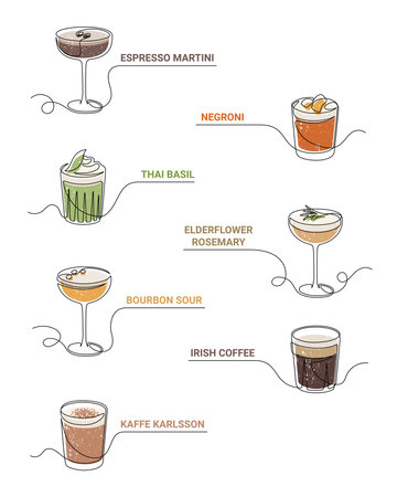 Outline drawing of alcoholic cocktail drinks isolated on white background. Espresso martini, negroni, thai basil, elderflower rosemary, bourbon sour, irish coffee, kaffe karlsson. Thin line cocktail glasses. Vector illustrationのイラスト素材