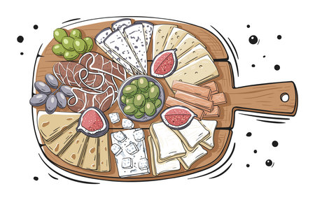 Cheese set with grapes, olives, figs and prosciutto on a wooden cutting board and spices. Cheese plate in cartoon style isolated on white background. Vector illustrationのイラスト素材