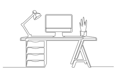 Continuous one line drawing office table with computer, lamp and flower in pot isolated on white background. Vintage desktop for interior design. Editable stroke. Vector illustrationのイラスト素材