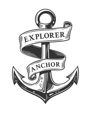 Vintage anchor tattoo isolated on white background. Engraving of anchor with ribbon banner. Vector illustrationのイラスト素材