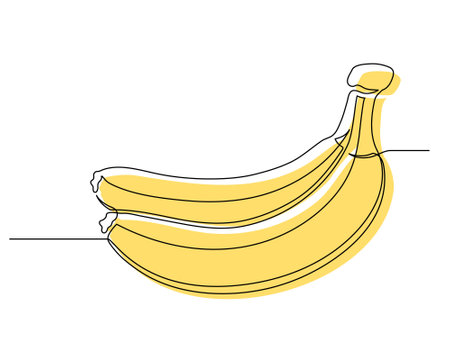 Continuous one line yellow banana bunch isolated on white background. Simple fruit silhouette. Hand drawn banana outline. Vector illustrationのイラスト素材