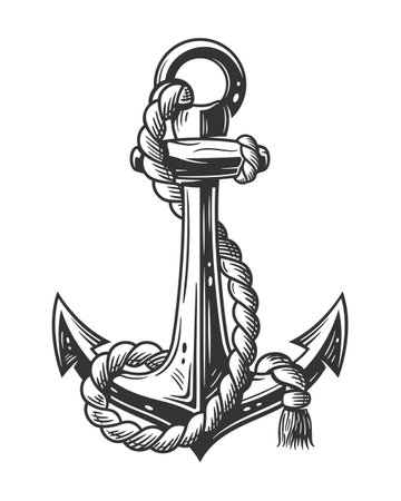 Vintage anchor tattoo isolated on white background. Engraving of anchor with ropes. Vector illustrationのイラスト素材