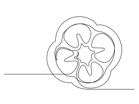Continuous one line of sliced bell pepper isolated on white background. Simple silhouette of vegetable. Hand drawn bell pepper outline. Vector illustrationのイラスト素材