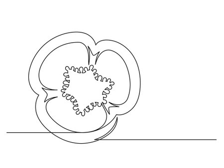 Continuous one line of sliced bell pepper isolated on white background. Simple silhouette of vegetable. Hand drawn bell pepper outline. Vector illustrationのイラスト素材