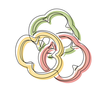 Sliced red, green and yellow bell peppers line isolated on white background. Simple silhouette of vegetables. Hand drawn bell peppers outline. Vector illustrationのイラスト素材