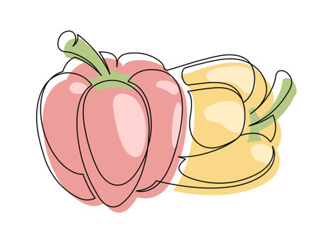 Red and yellow bell peppers line isolated on white background. Simple silhouette of vegetables. Hand drawn bell peppers outline. Vector illustrationのイラスト素材
