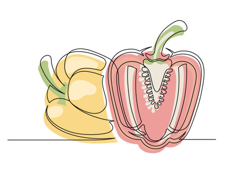 Continuous one line of sliced red and yellow bell peppers isolated on white background. Simple silhouette of vegetables. Hand drawn bell peppers outline. Vector illustrationのイラスト素材