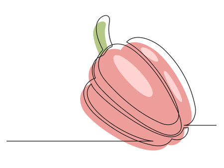 Continuous one line red bell pepper isolated on white background. Simple vegetable silhouette. Hand drawn bell pepper outline. Vector illustrationのイラスト素材