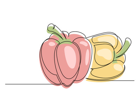 Continuous one line red and yellow bell peppers isolated on white background. Simple vegetables silhouette. Hand drawn bell peppers outline. Vector illustrationのイラスト素材