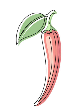 Red chili pepper with leaf line isolated on white background. Simple vegetable silhouette. Hand drawn chili pepper outline. Vector illustrationのイラスト素材