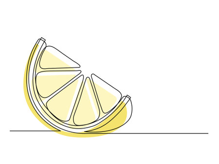 Continuous one line yellow lemon slice isolated on white background. Simple citrus silhouette. Hand drawn lemon outline. Vector illustrationのイラスト素材