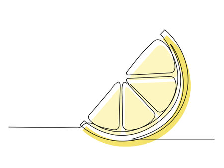 Continuous one line yellow lemon slice isolated on white background. Simple citrus silhouette. Hand drawn lemon outline. Vector illustrationのイラスト素材