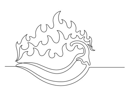 Continuous one line chili pepper with fire isolated on white background. Simple vegetable silhouette. Hand drawn chili pepper outline. Vector illustrationのイラスト素材