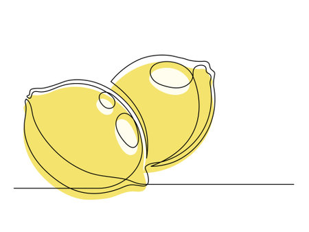 Continuous one line several yellow lemons isolated on white background. Simple silhouette of citrus fruits. Hand drawn outline of lemons. Vector illustrationのイラスト素材