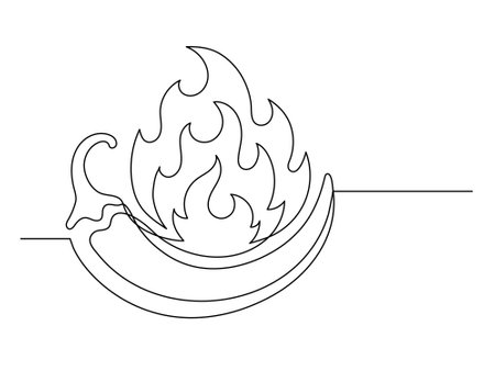 Continuous one line chili pepper with fire isolated on white background. Simple vegetable silhouette. Hand drawn chili pepper outline. Vector illustrationのイラスト素材