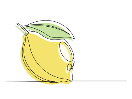Continuous one line yellow lemon with leaf isolated on white background. Simple citrus silhouette. Hand drawn lemon outline. Vector illustrationのイラスト素材