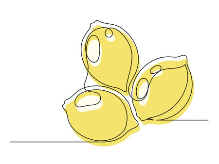 Continuous one line several yellow lemons isolated on white background. Simple silhouette of citrus fruits. Hand drawn outline of lemons. Vector illustrationのイラスト素材