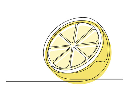 Continuous one line yellow lemon halves isolated on white background. Simple citrus silhouette. Hand drawn lemon outline. Vector illustrationのイラスト素材