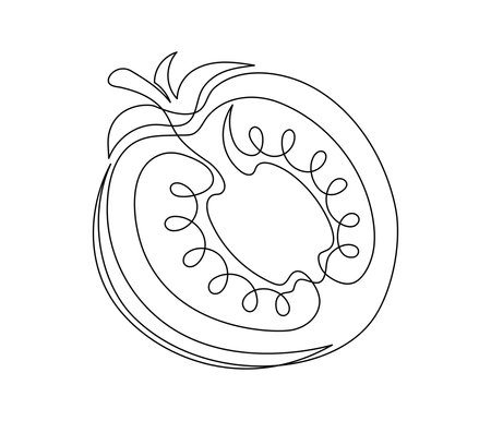 Tomato halves contour line isolated on white background. Simple vegetable silhouette. Hand drawn tomato outline. Vector illustrationのイラスト素材
